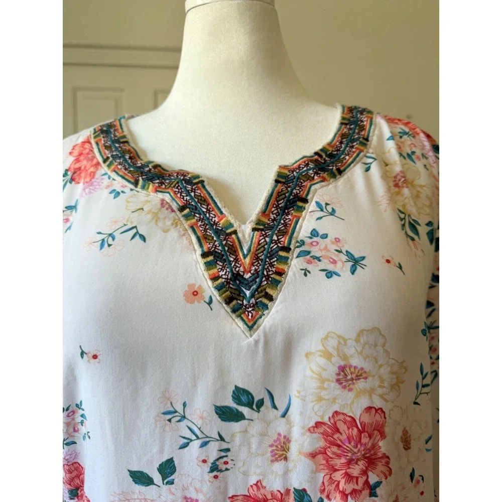 Linda Anderson Women XXL Floral Boho Peasant Blouse White Rayon Embroidered Top - Picture 6 of 16